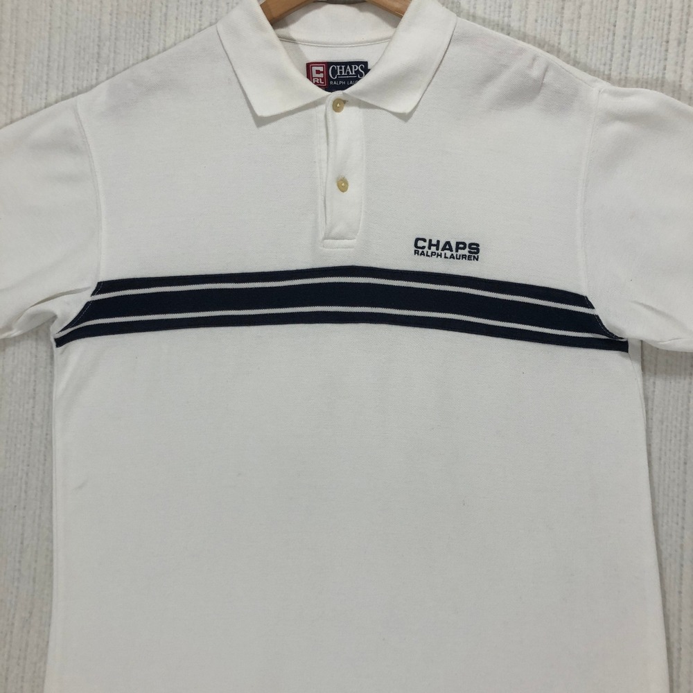Chaps Ralph Lauren Mens White Navy Striped Pique Polo Shirt Medium Vintage 90s